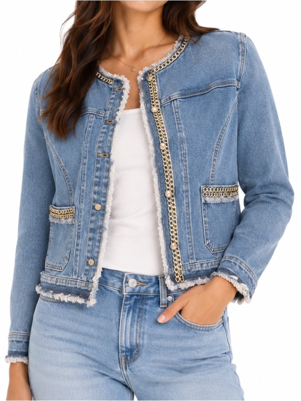 Chico's Light Blue Denim Jacket with Gold Chain Detail - Picture 1 of 7